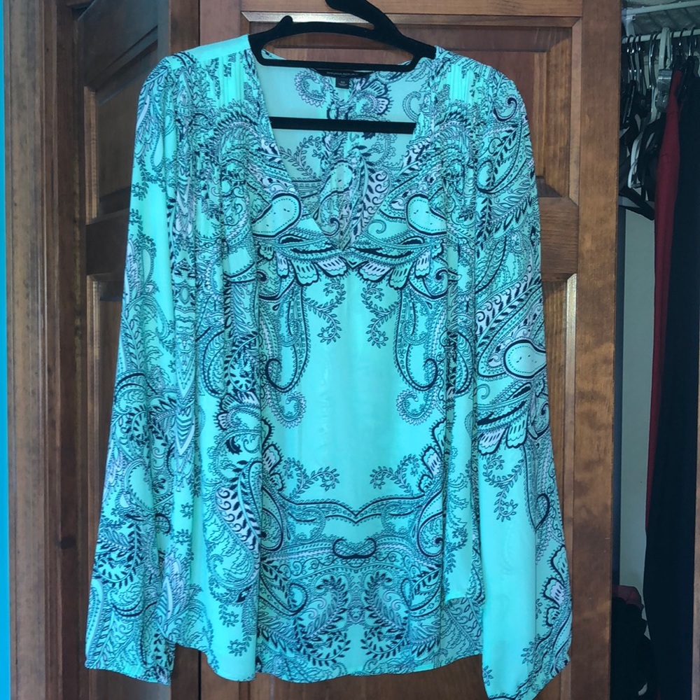Banana Republic mint green and navy vneck blouse